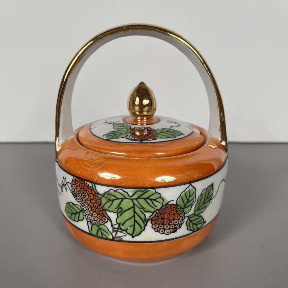 VTG‎ Orange Hand Painted Peach Lusterware Jam/Jelly Jar Strawberry Design Japan